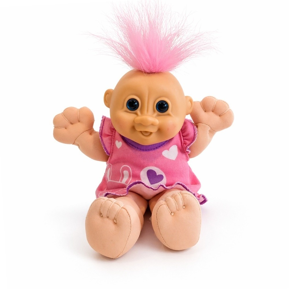 Vintage 90s Russ Berrie Troll Kidz Doll Pink Heart Dress 8" Pink Hair Blue Eyes